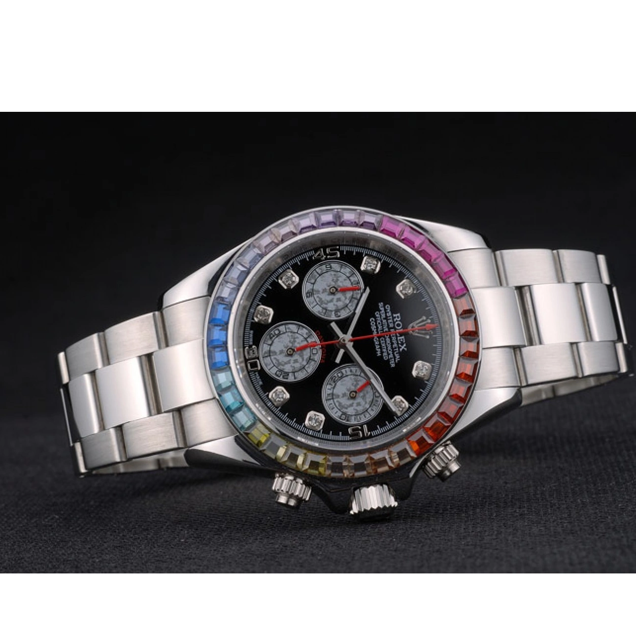 Good Copy Rolex Watches Rainbow Black Daytona Cosmograph Bezel Steep Dial Strap Stainless Crystals Rolex 80250 0726